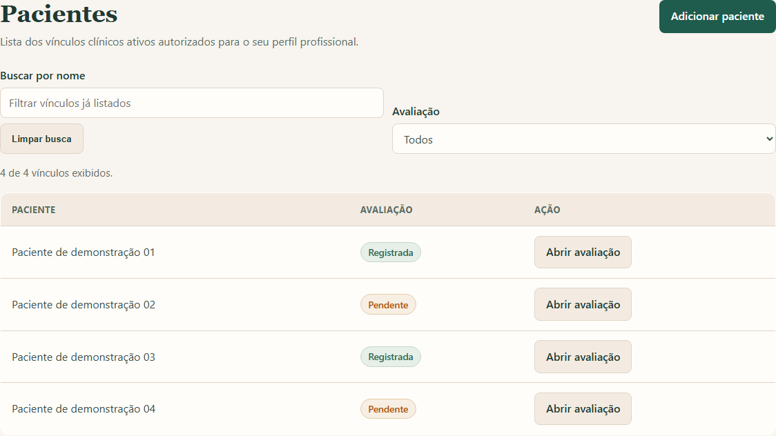 Tela do portal NutriConecta com lista de pacientes, busca, status de avaliação e ações